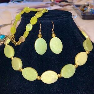 Olive green jade 3 piece set Necklace .. bracelet…pierced earrings surrounded